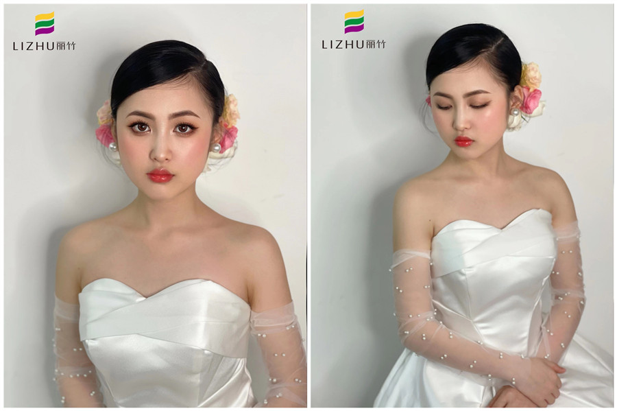 簡(jiǎn)約鮮花新娘妝容，廣西化妝學(xué)校新娘妝作品