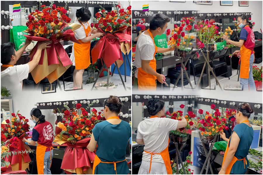 玫瑰開業(yè)花籃制作，廣西插花師學(xué)校學(xué)員作品