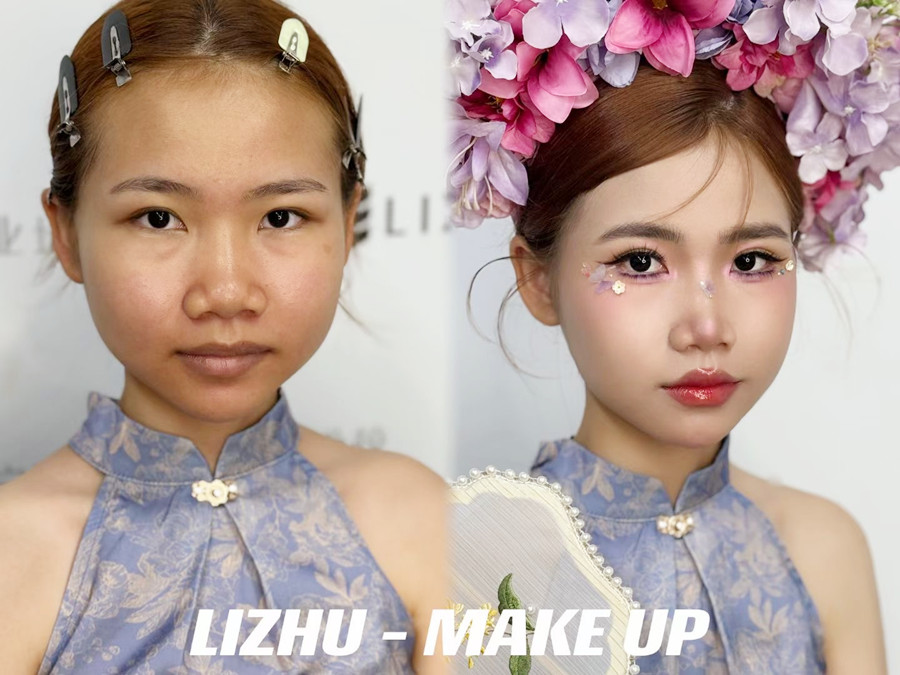 簪花造型課堂實況，廣西美妝課堂作品欣賞