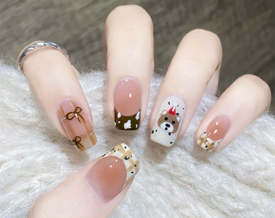 格紋小熊美甲教程，南寧市學美甲